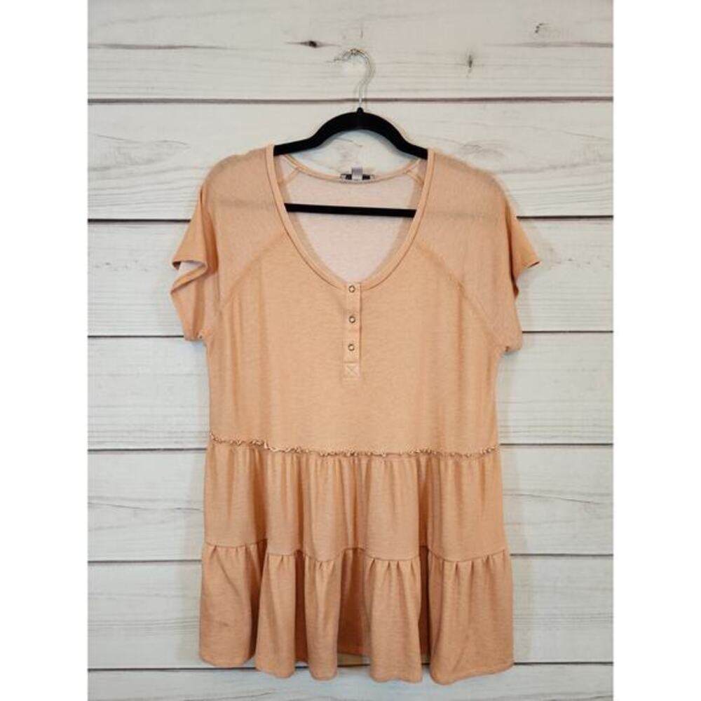 Remixmess Women's Orange Solid Scoop Neck Short‎ Sleeve Tunic Blouse Size Medium